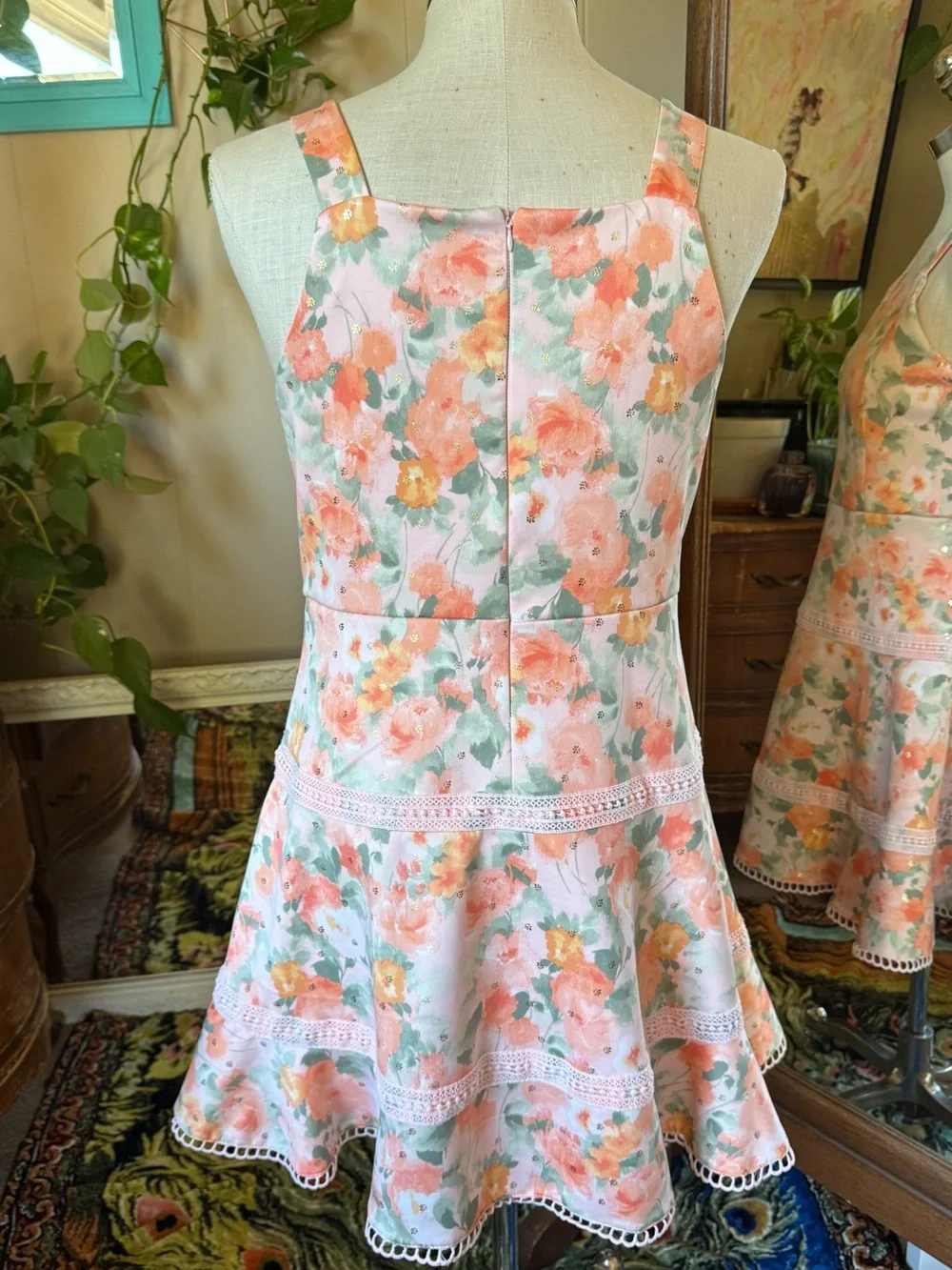 Knit Works Big Girls Dress Peach/pink/green Floral 20.5 Plus, Metallic Gold